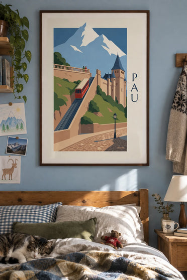 Poster of the Pau funicular and its mountains: framed on the wall
