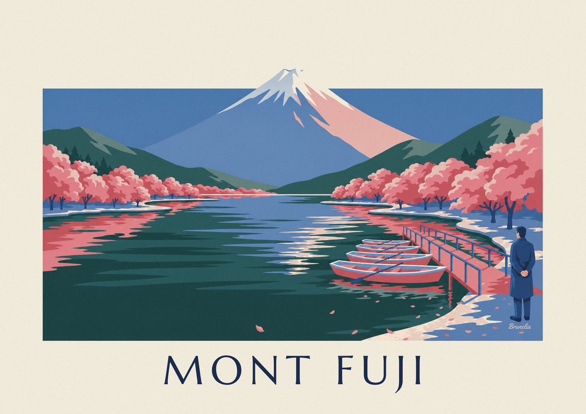 Mount Fuji, cherry blossoms and pier boats poster