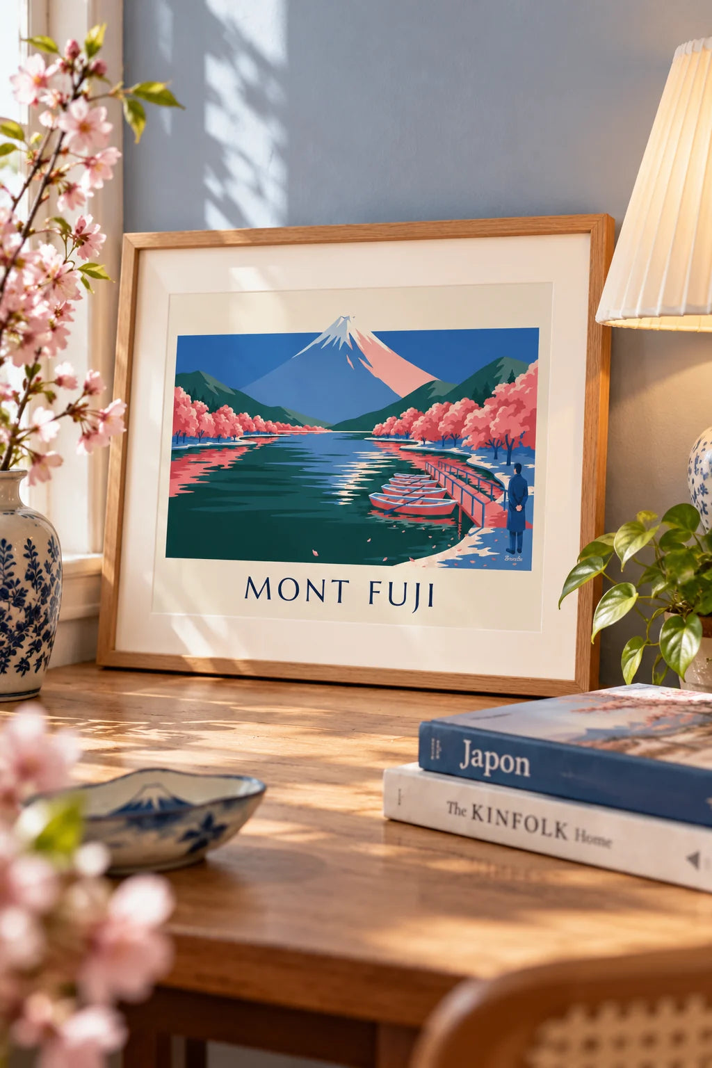 Bedroom: Mount Fuji, cherry blossoms and pier boats poster on the wall