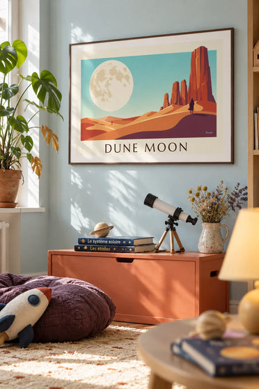 Poster deserto di fantascienza sotto una luna gigante: incorniciato alla parete