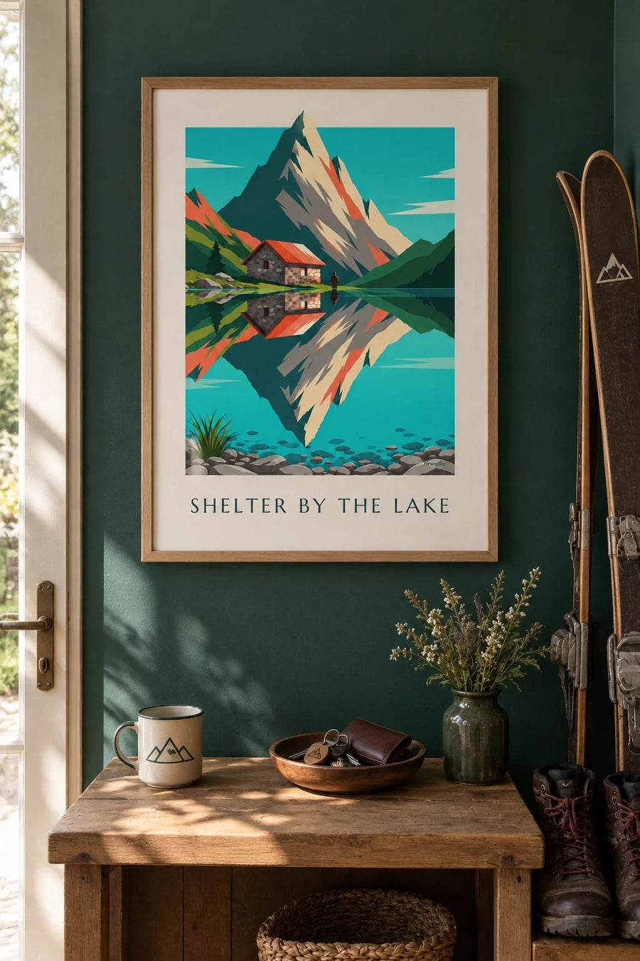 Poster rifugio di montagna in pietra in riva a un lago alpino: incorniciato a parete