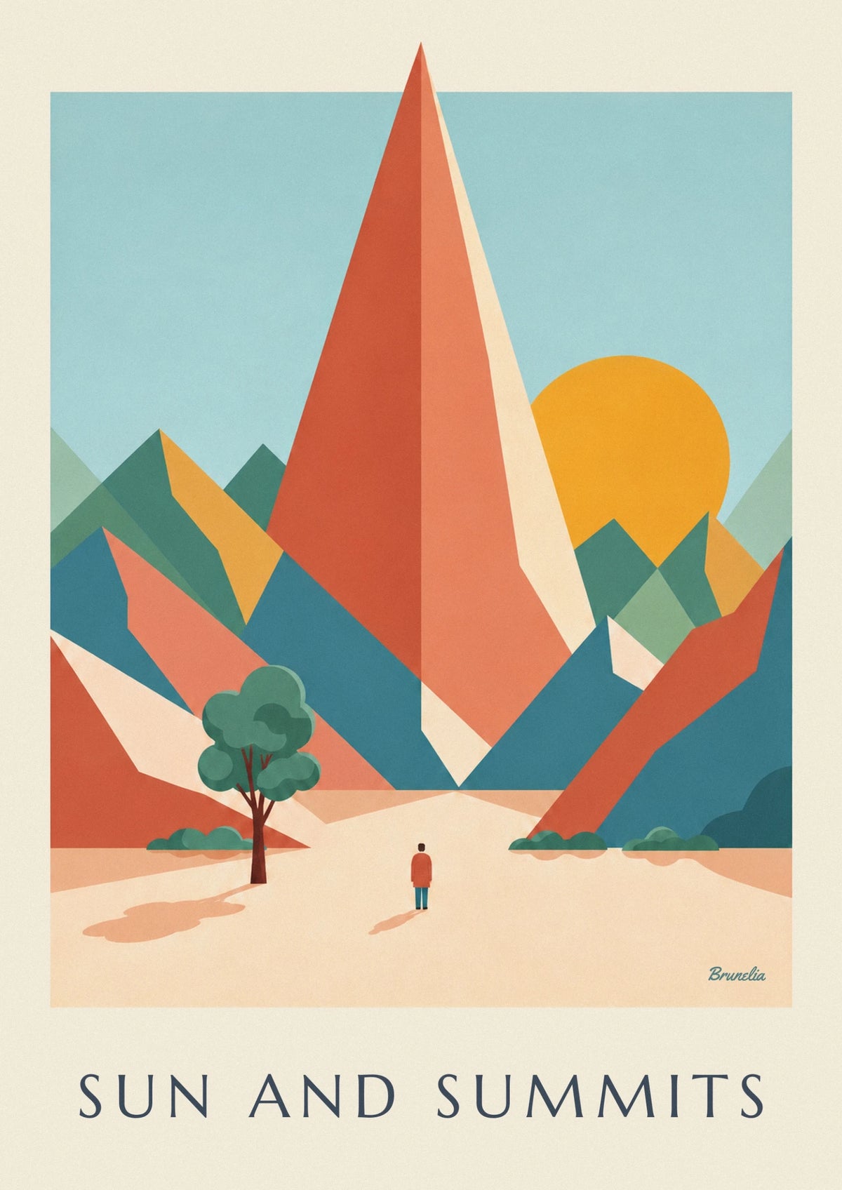 Affiche montagnes géométriques sous un grand soleil rond