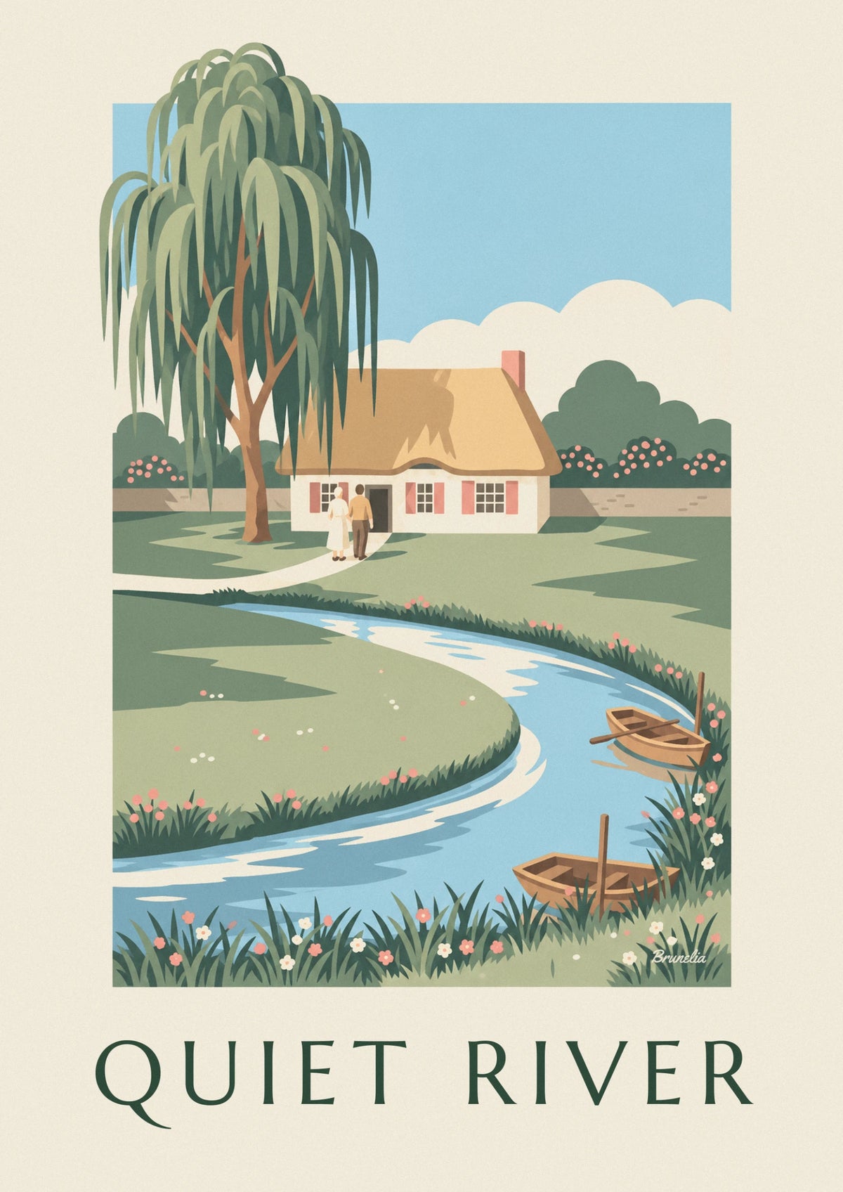 Affiche cottage et barque sur une rivière tranquille