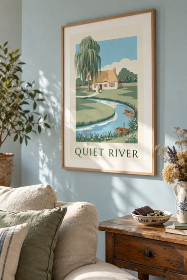 Cottage and rowboat on a quiet river poster: framed on the wall