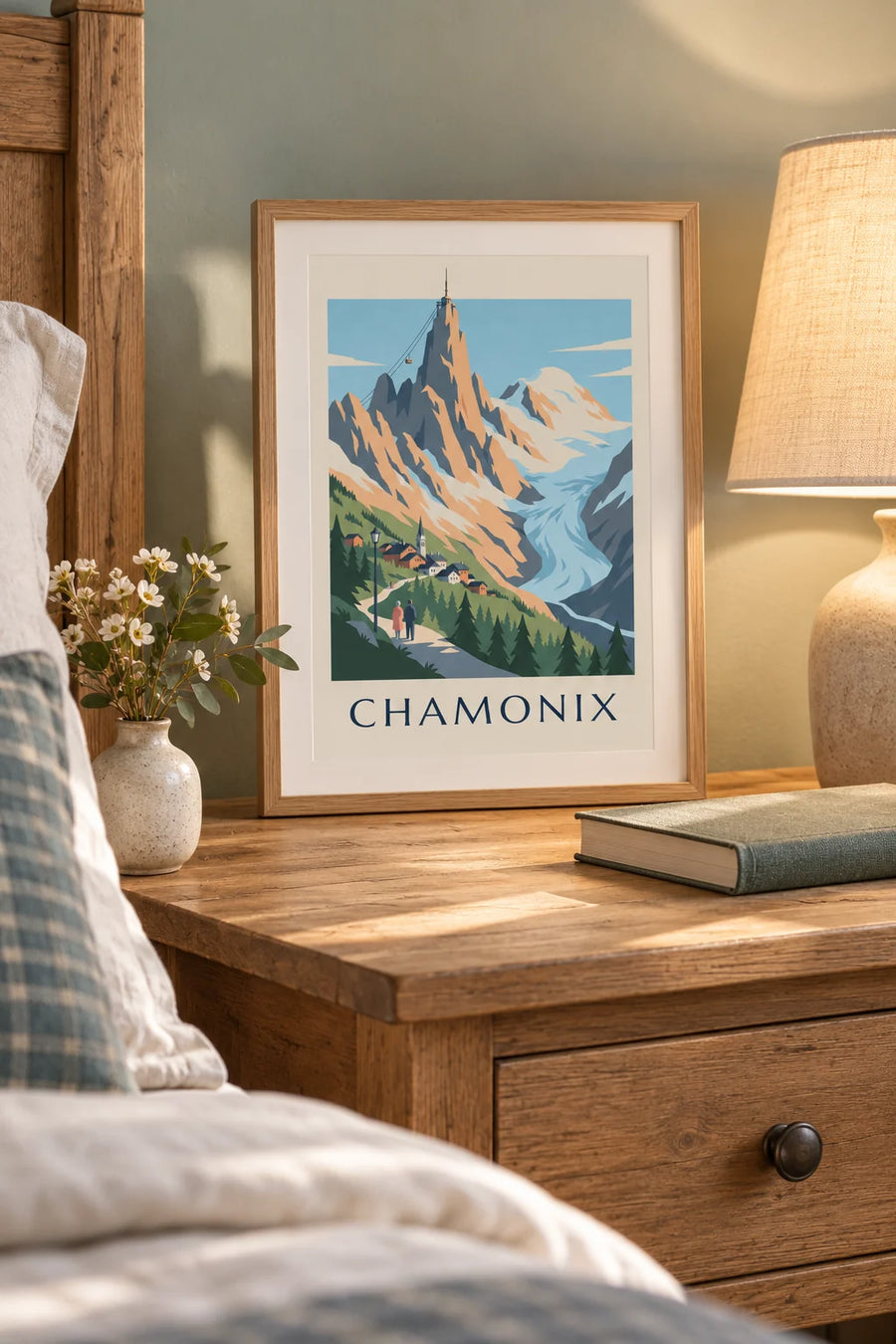 Affiche massif du Mont-Blanc vu depuis Chamonix : petit format A4 encadré