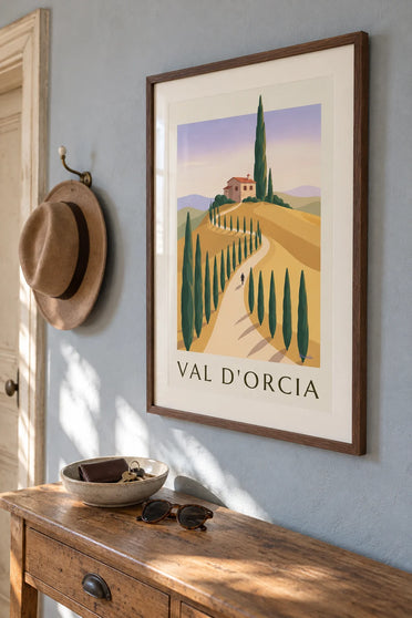 Poster delle colline dorate della Val d'Orcia in Toscana: incorniciato alla parete