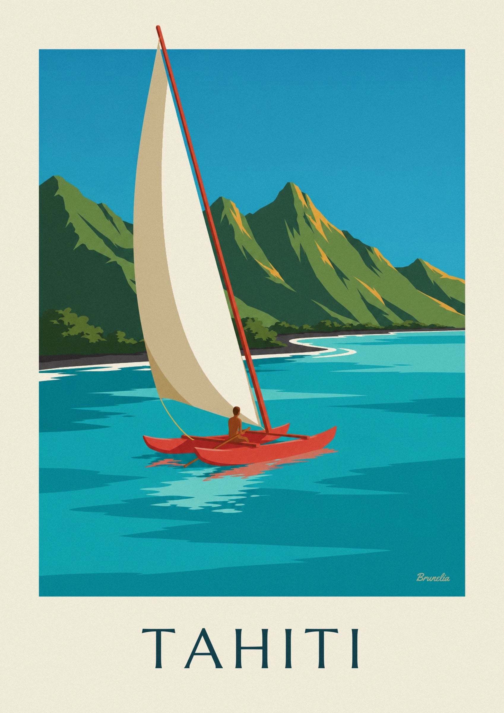 L'ampia vela color crema e il suo albero rosso contro le montagne verdi di Tahiti