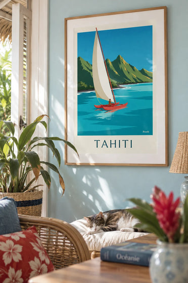 Poster montagne di Tahiti e piroga a vela nella laguna: incorniciato al muro