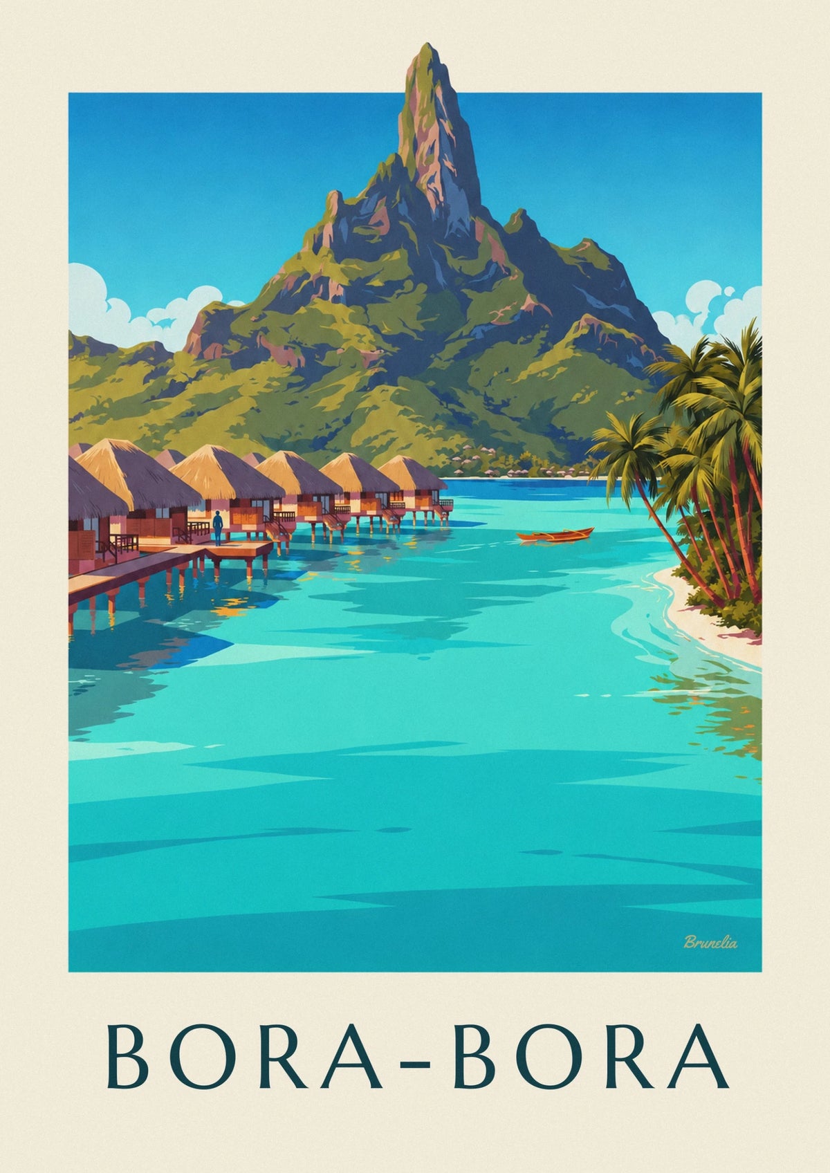 Bora Bora lagoon, bungalows and Mount Otemanu poster