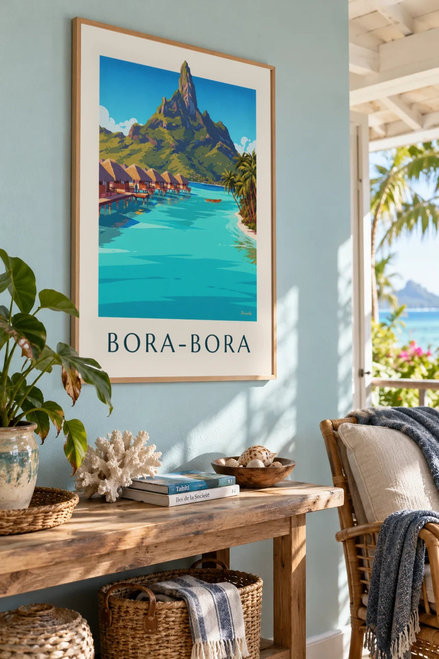 Poster laguna di Bora-Bora, bungalow e monte Otemanu: incorniciato alla parete