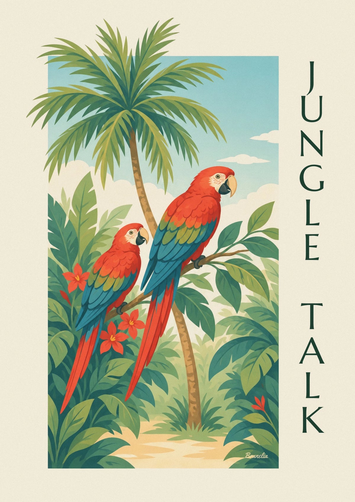 Tropical parrots on a jungle branch poster