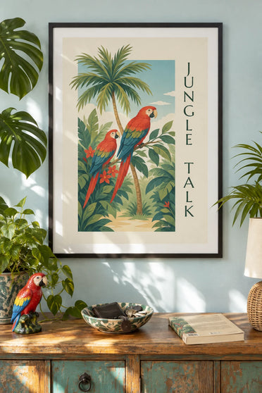 Poster pappagalli tropicali su un ramo della giungla: incorniciato alla parete