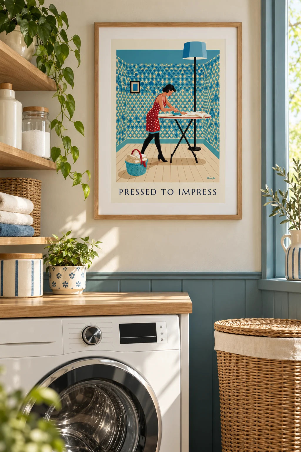 Laundry room: Pin-up ironing a shirt poster on the wall