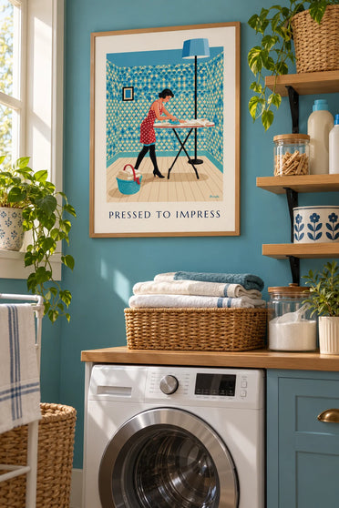 Affiche pin-up repassant une chemise sur sa planche à repasser : encadrée au mur
