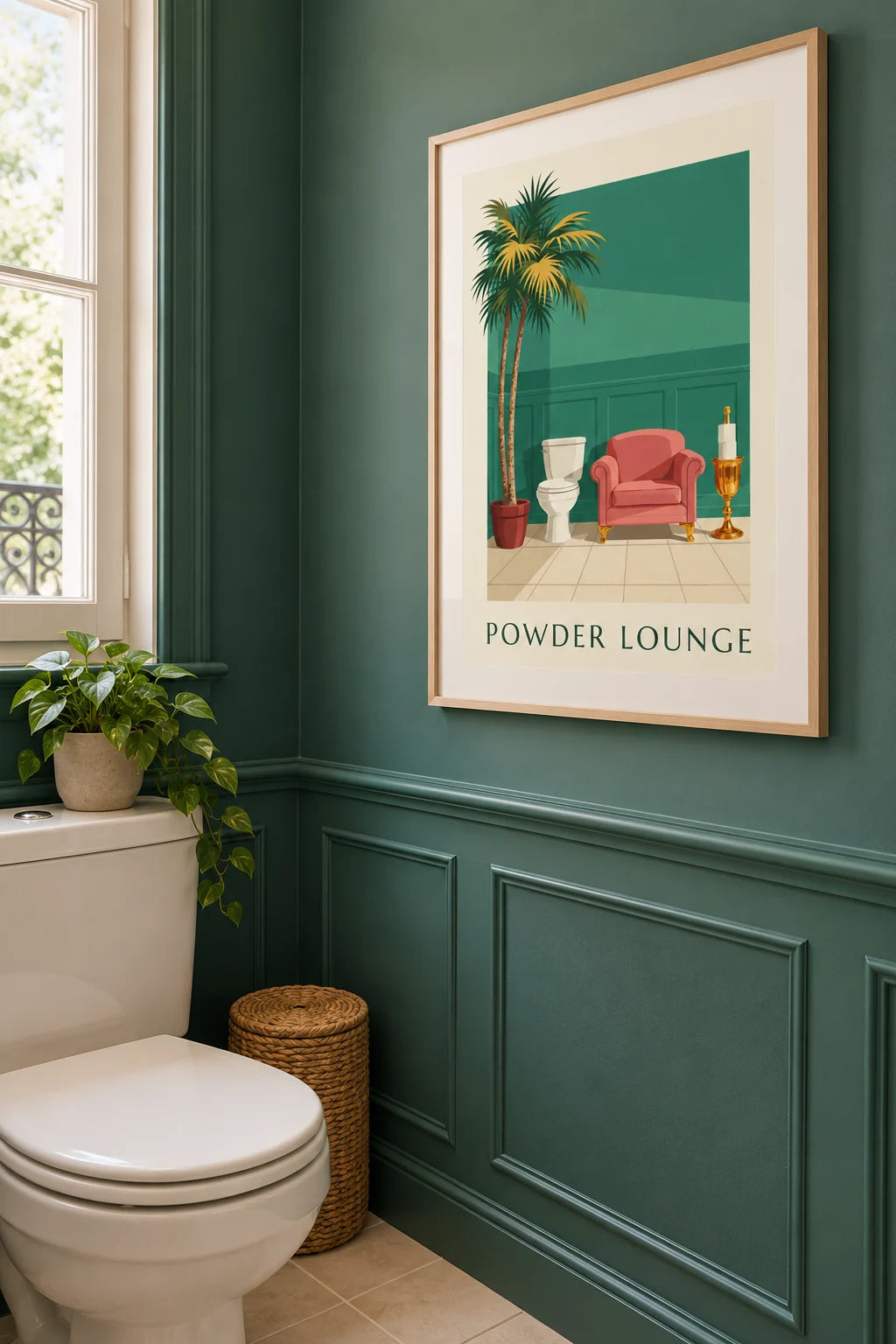 Powder room: Humorous lounge-style powder room and toilet paper poster on the wall