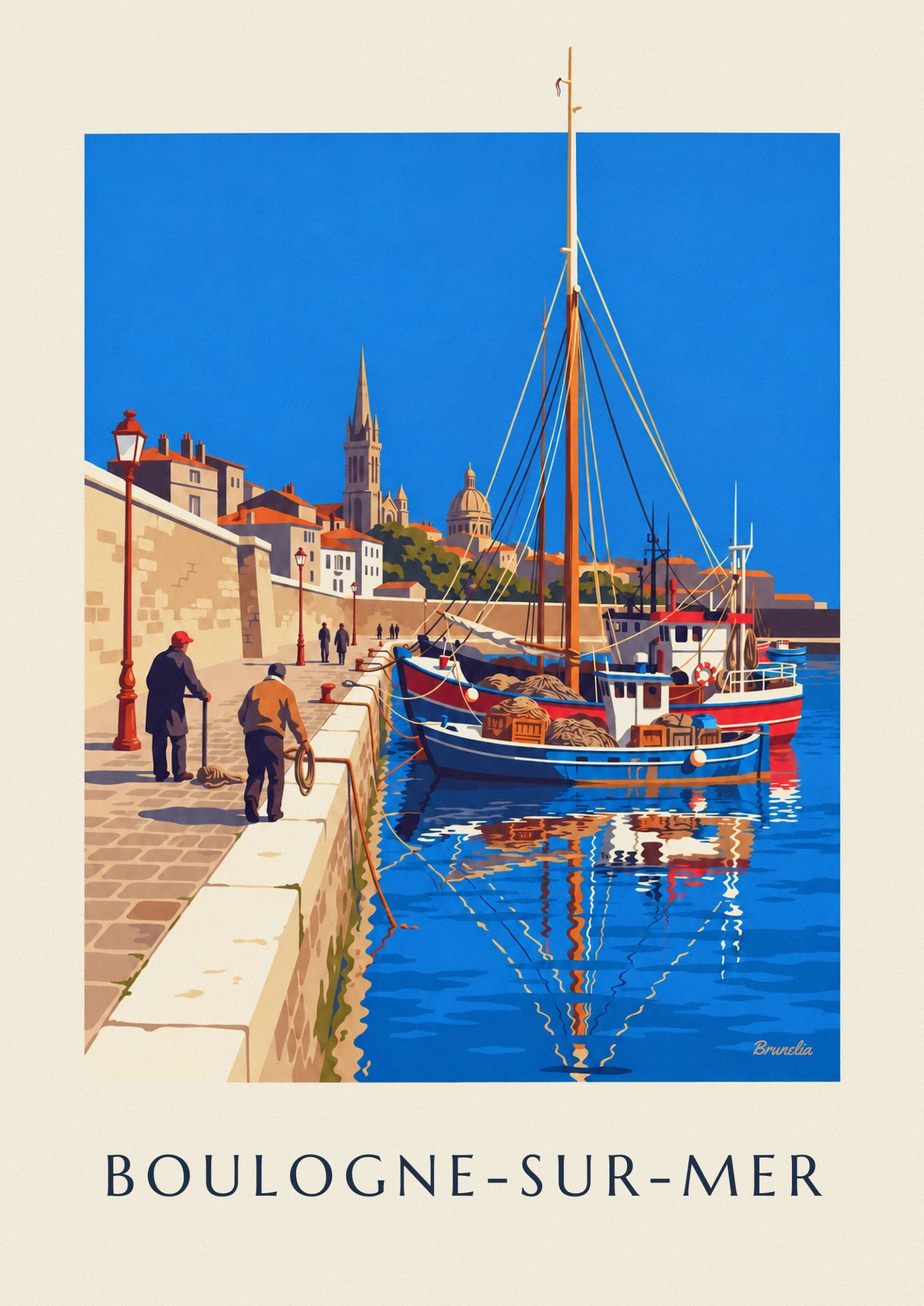 Moored red and blue trawlers, with nets and crates on deck and reflections in the water