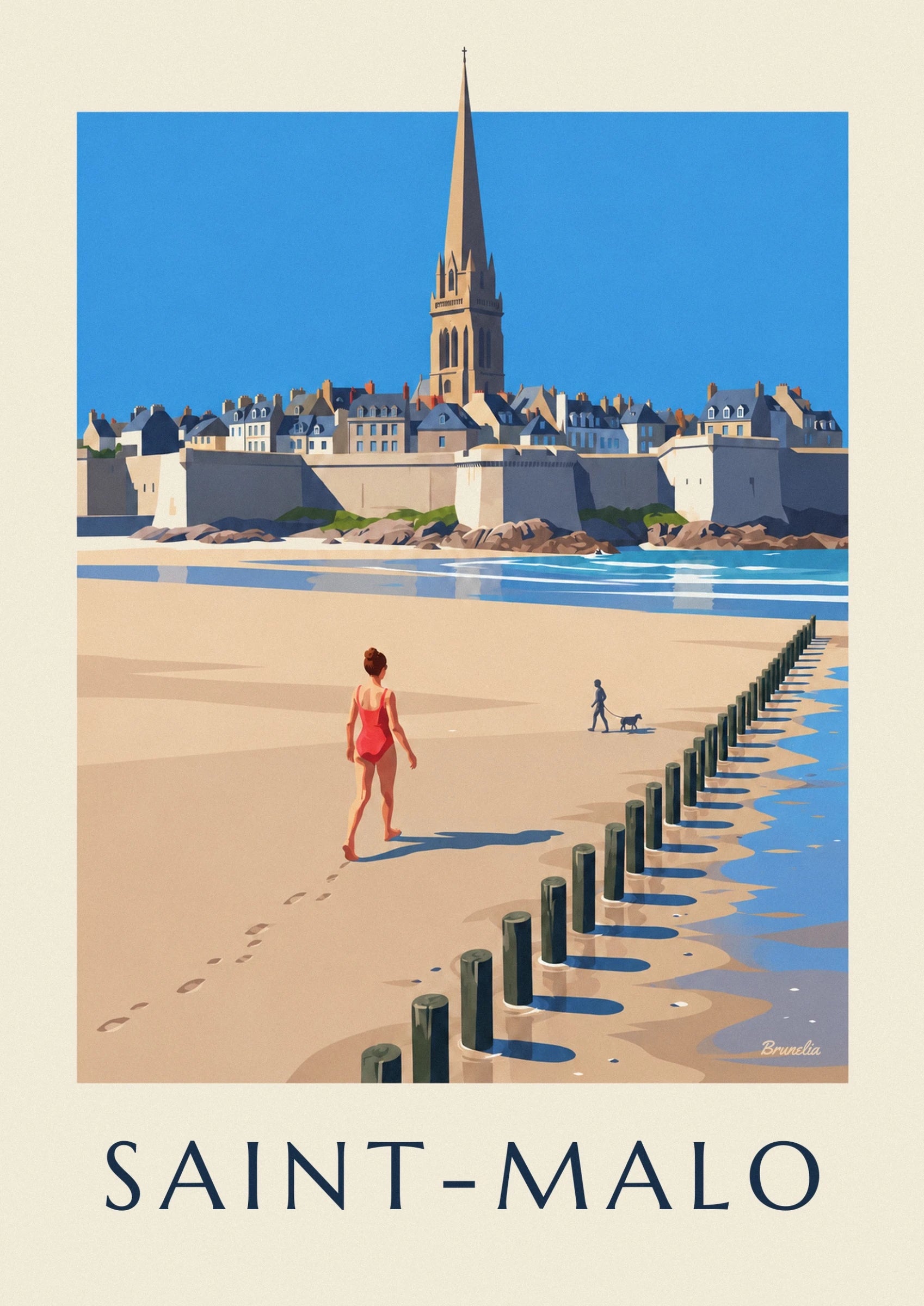 A woman seen from behind in a red swimsuit, barefoot on the golden sand of Sillon