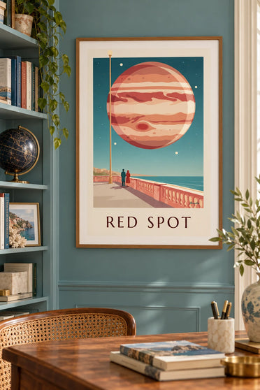 Poster con il pianeta Giove e la sua grande macchia rossa nel cielo: con cornice appeso al muro