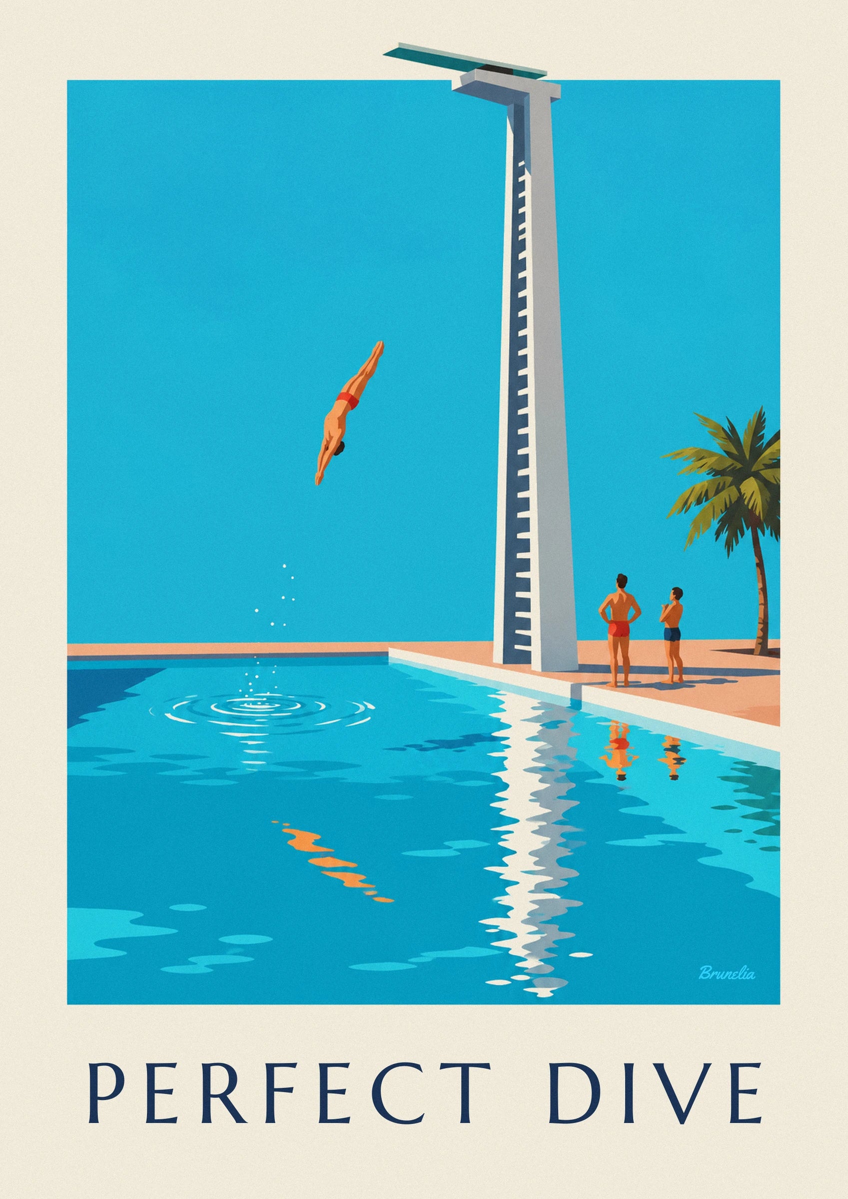 Diver mid-dive above a swimming pool poster: close-up detail