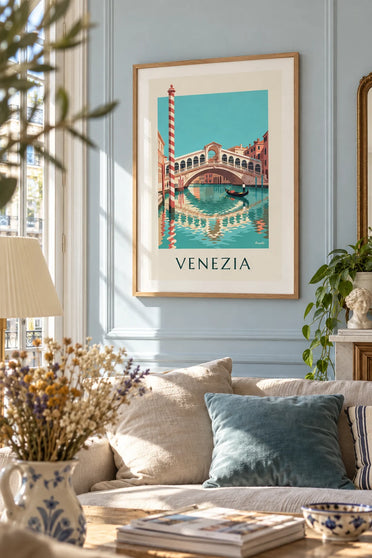 Poster con ponte di Rialto e gondola sul Canal Grande a Venezia: incorniciato alla parete