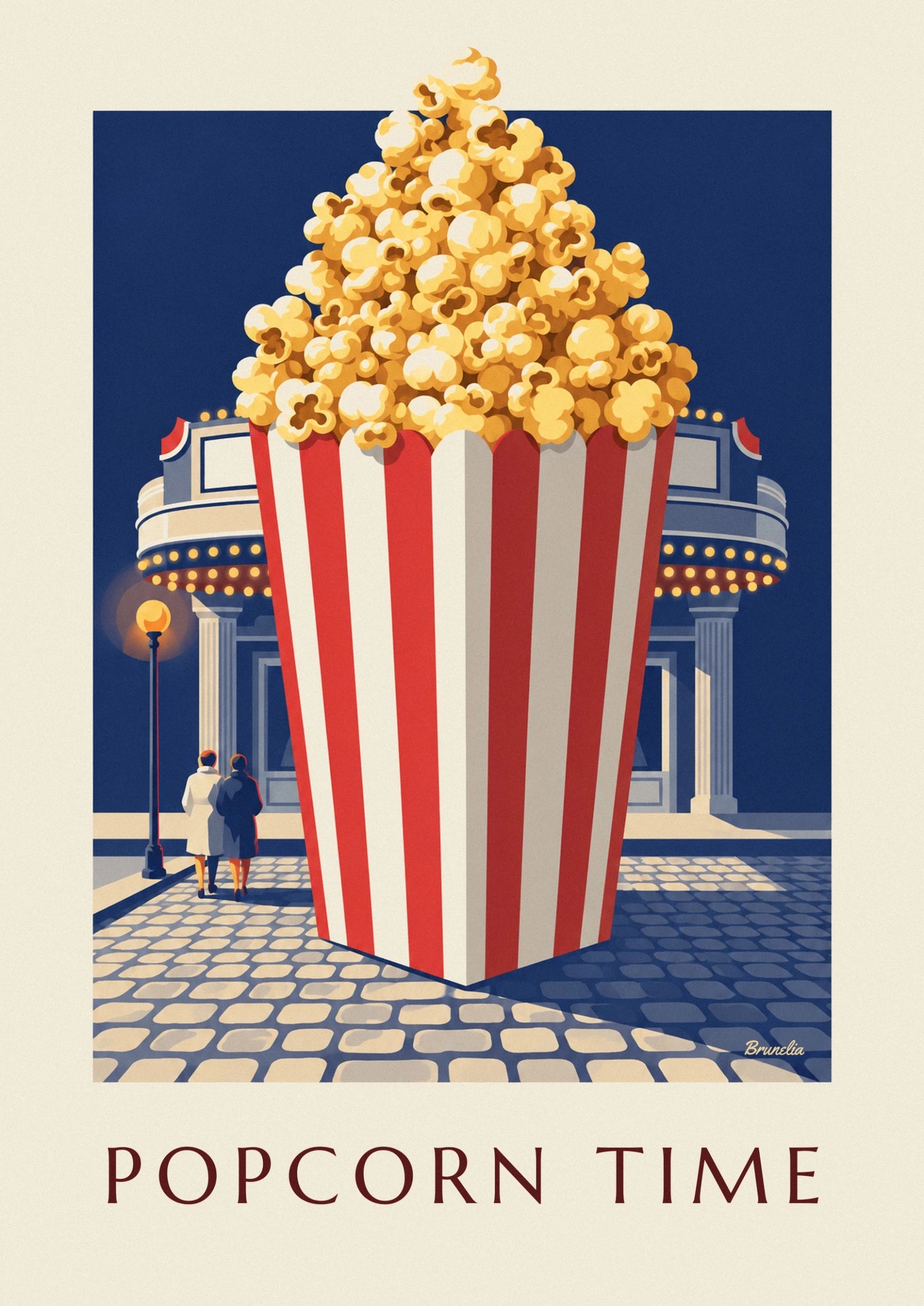 Popcorn dorati che traboccano dal secchiello a righe rosse e bianche