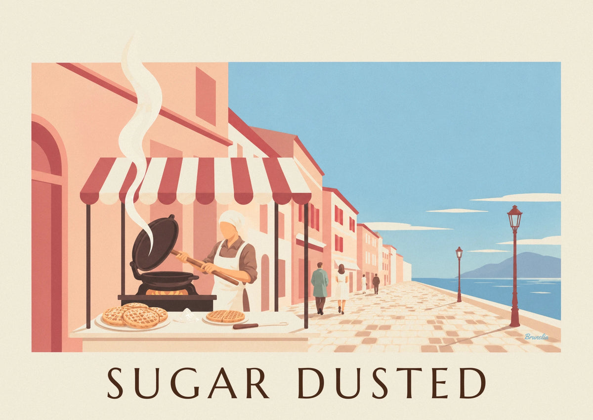 Powdered sugar waffles at a market stand poster