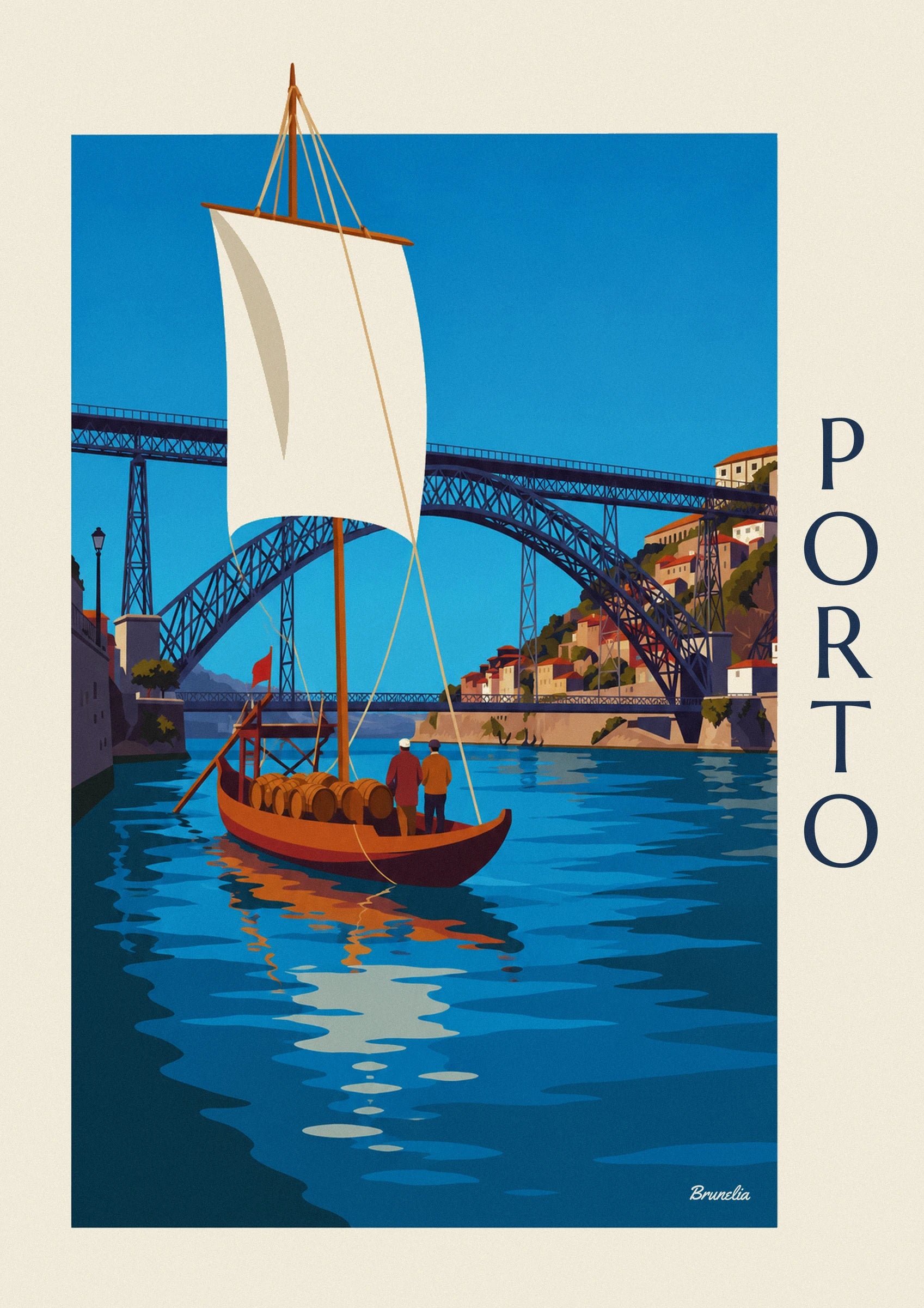 Poster ponte Dom Luís e barca rabelo sul Douro a Porto: dettaglio in primo piano