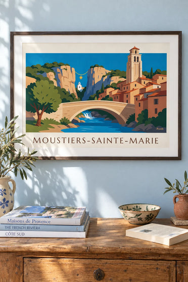 Poster of the village of Moustiers-Sainte-Marie and its Romanesque bell tower: framed on the wall