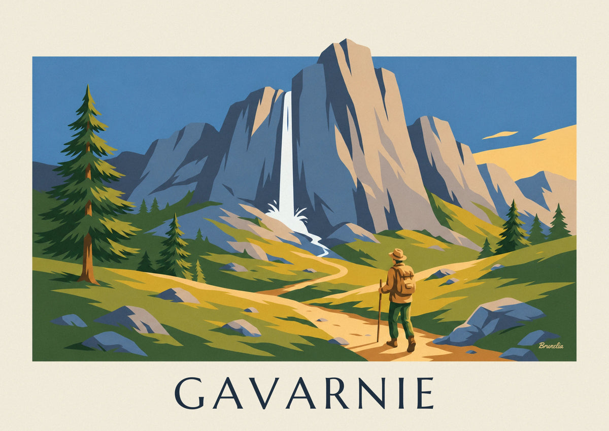 Hiker facing the Cirque de Gavarnie waterfall poster