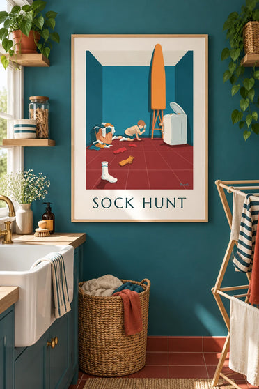 Affiche humour garçon à la loupe sur la piste des chaussettes : encadrée au mur