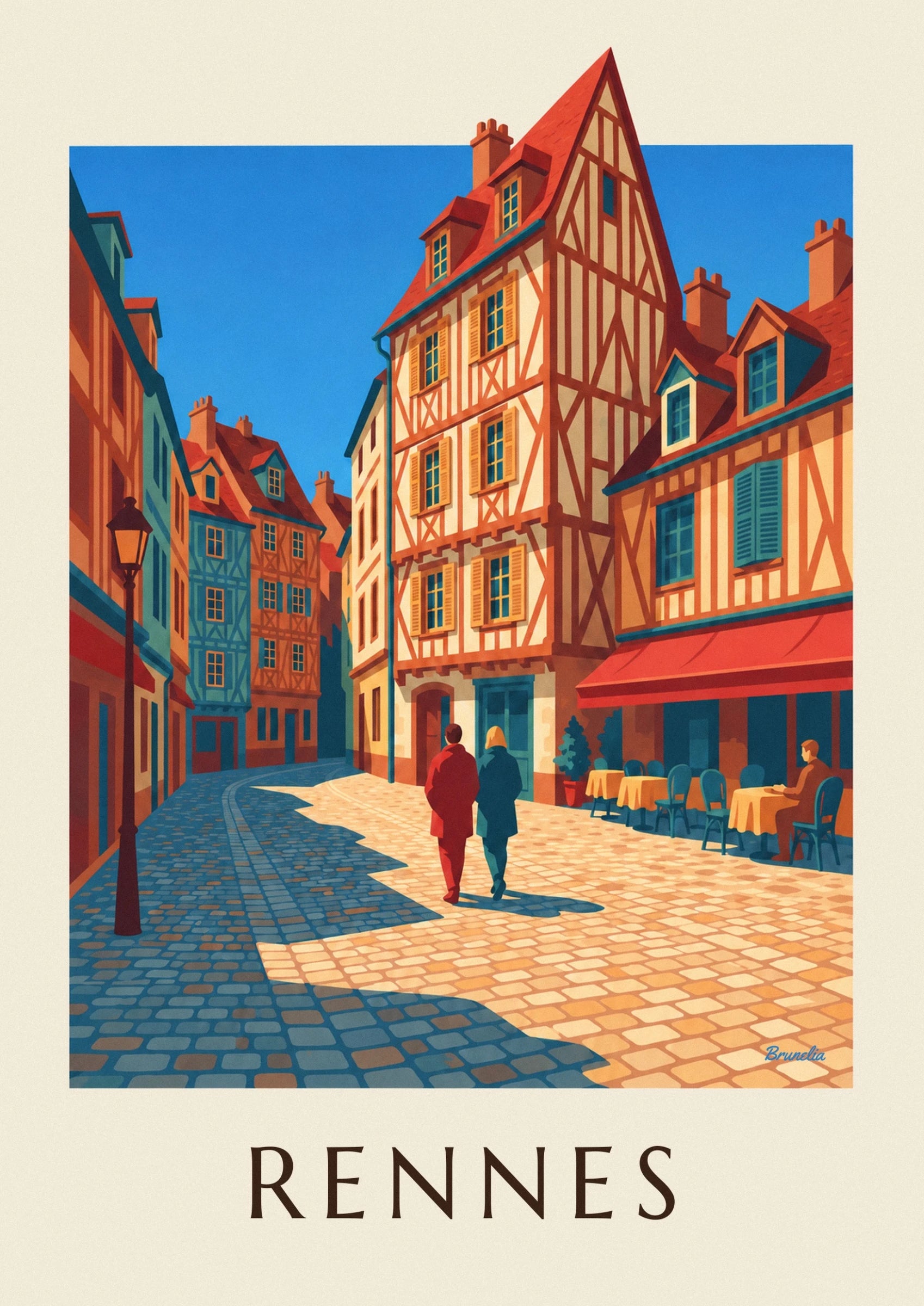 La haute façade à pans de bois rouges et ses fenêtres aux volets ocre
