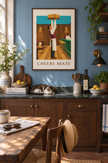 Poster of a brasserie waiter with a tray of beer mugs: framed on the wall