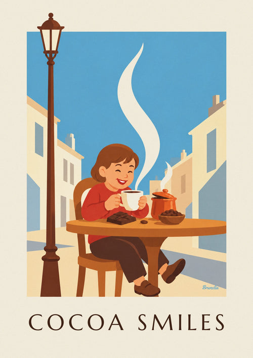 Poster bambino sorridente e grande tazza di cioccolata calda: il poster intero