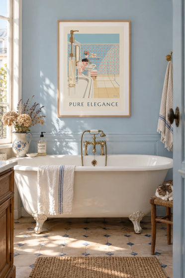 Poster of a sunny bathroom, soaps and a porcelain sink: framed on the wall
