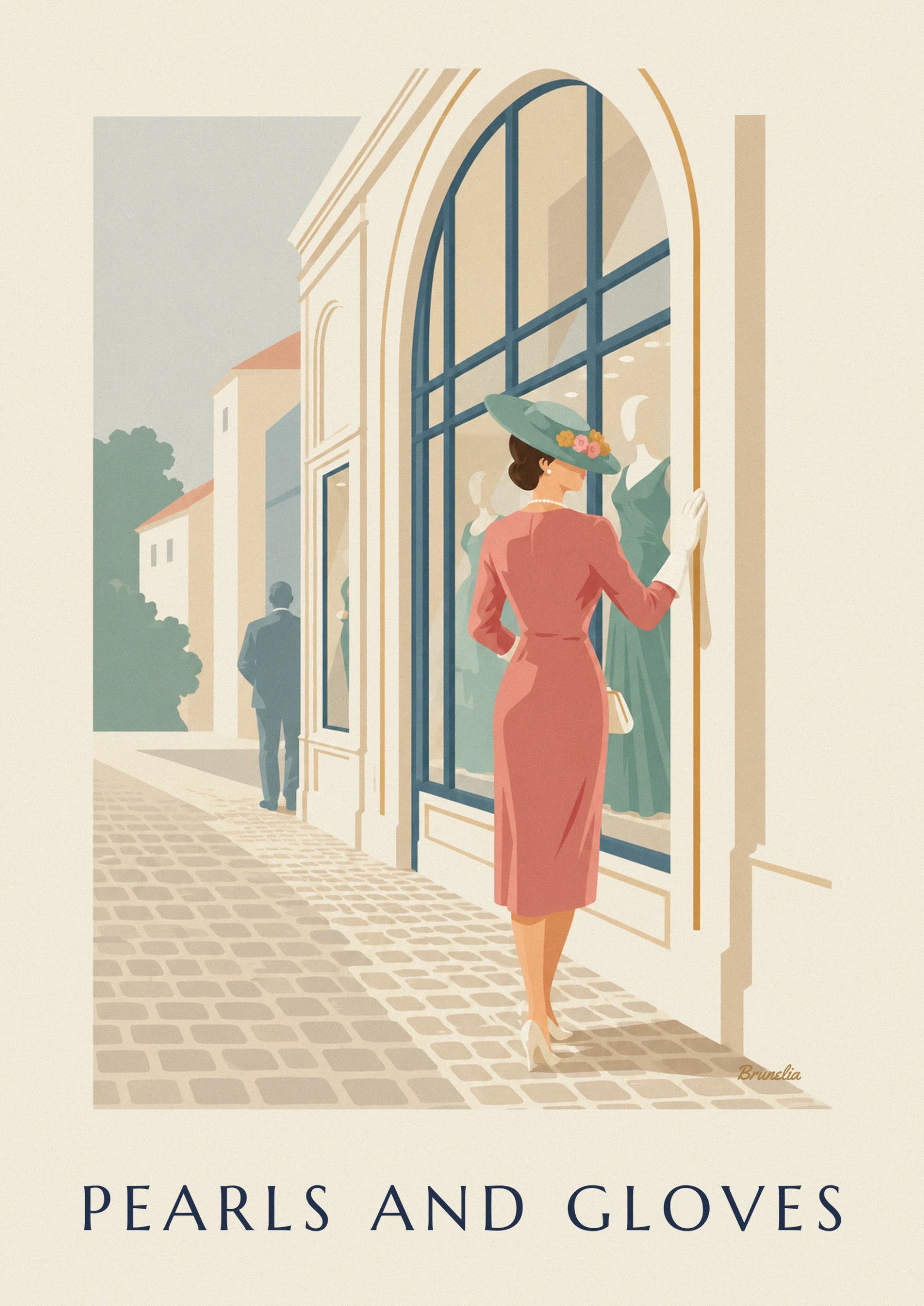 La donna vista di spalle, con un cappello verde decorato di fiori e un guanto bianco, davanti alla vetrina