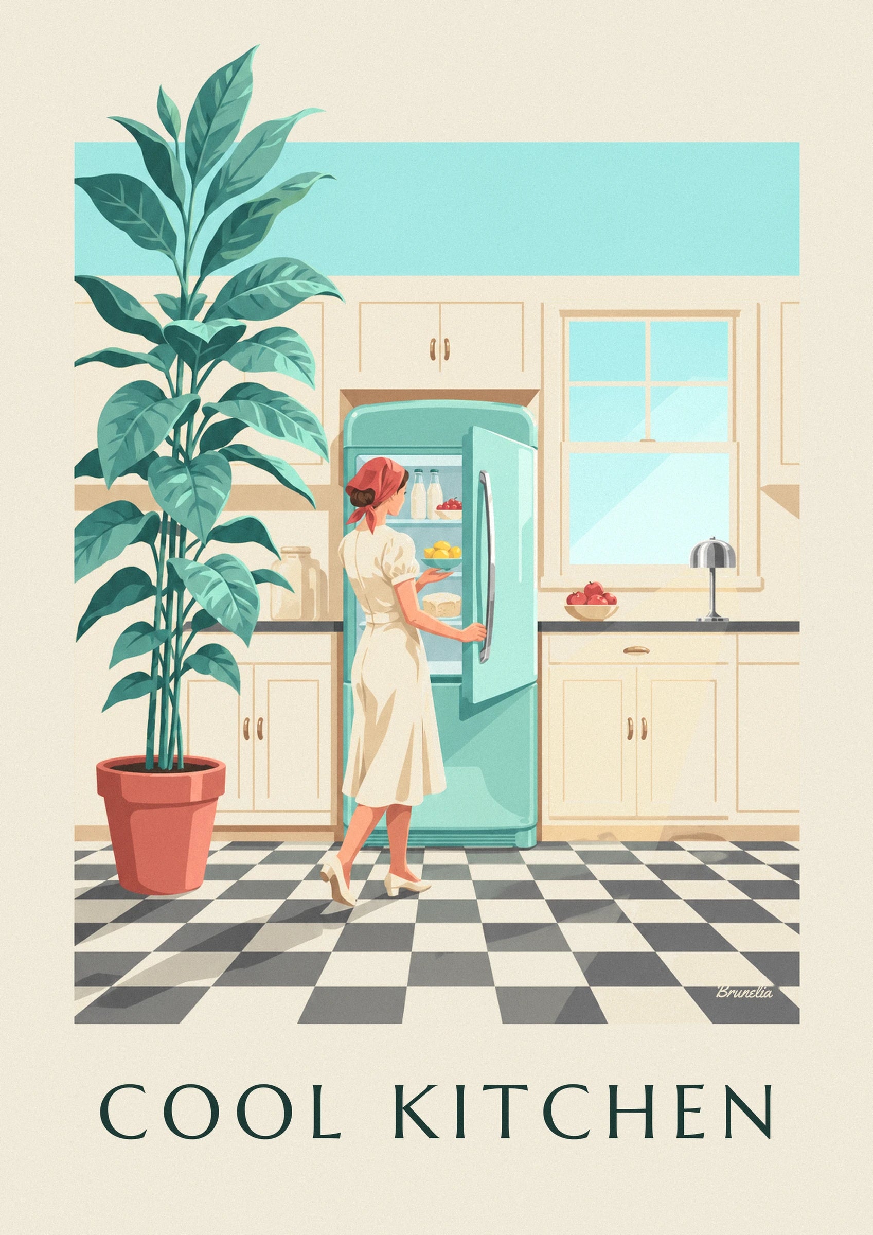 Poster frigorifero arrotondato verde menta in una cucina: dettaglio in primo piano