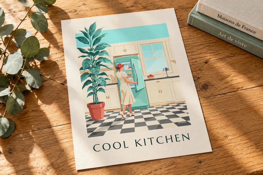 Poster frigorifero arrotondato verde menta in una cucina: appoggiato su un tavolo