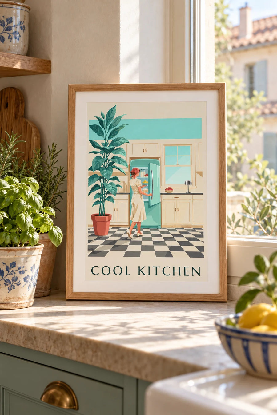 Poster con frigorifero arrotondato verde menta in una cucina: formato piccolo A4 con cornice