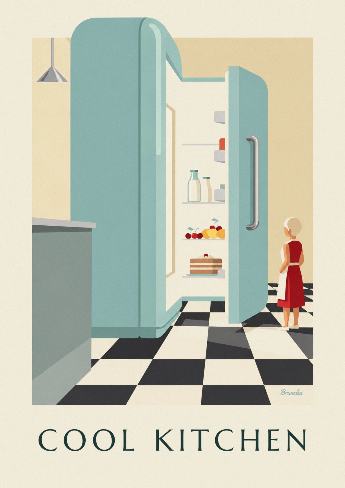 Rounded mint green refrigerator in a kitchen poster