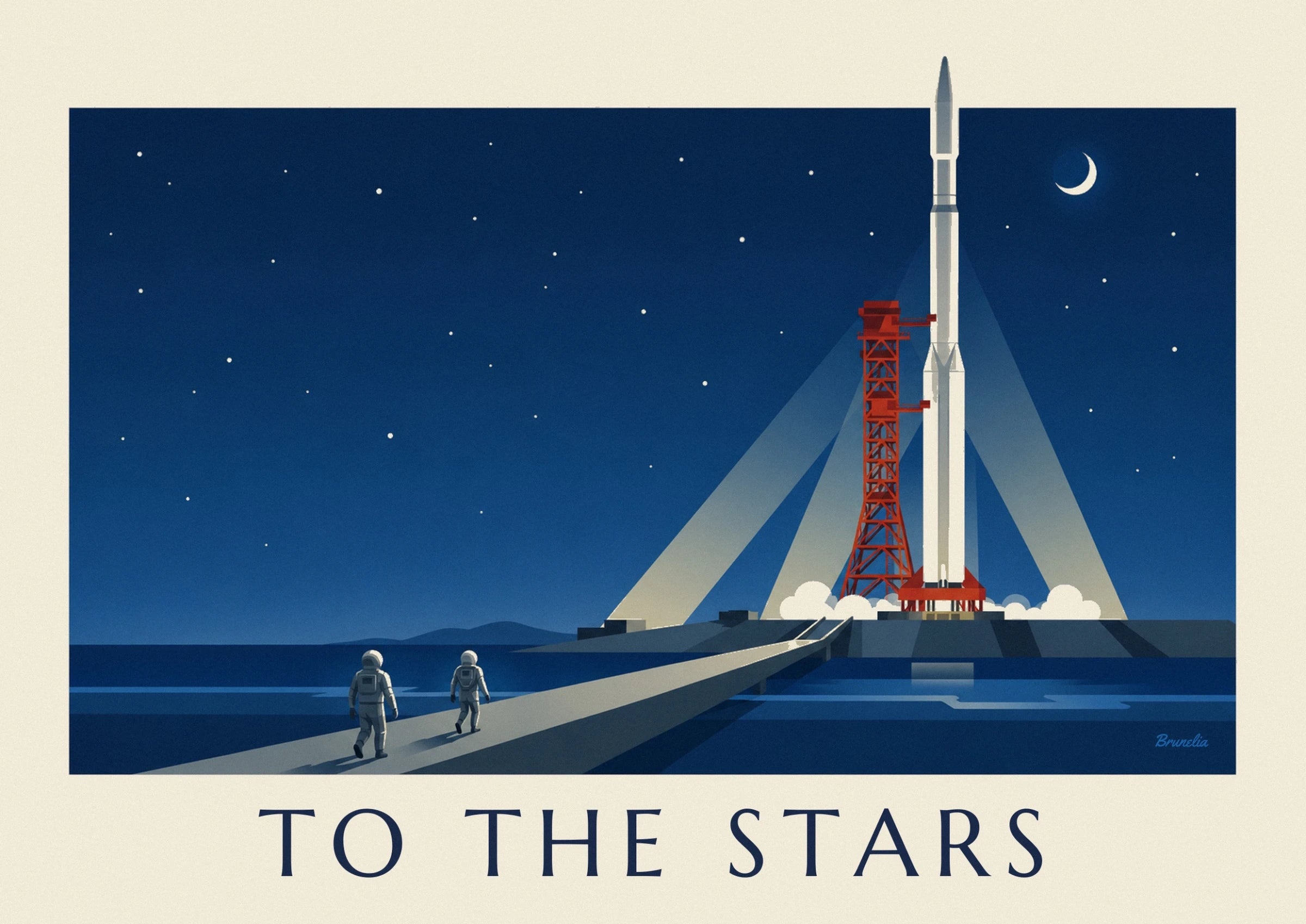 Il razzo bianco e la torre rossa sotto il cielo blu stellato