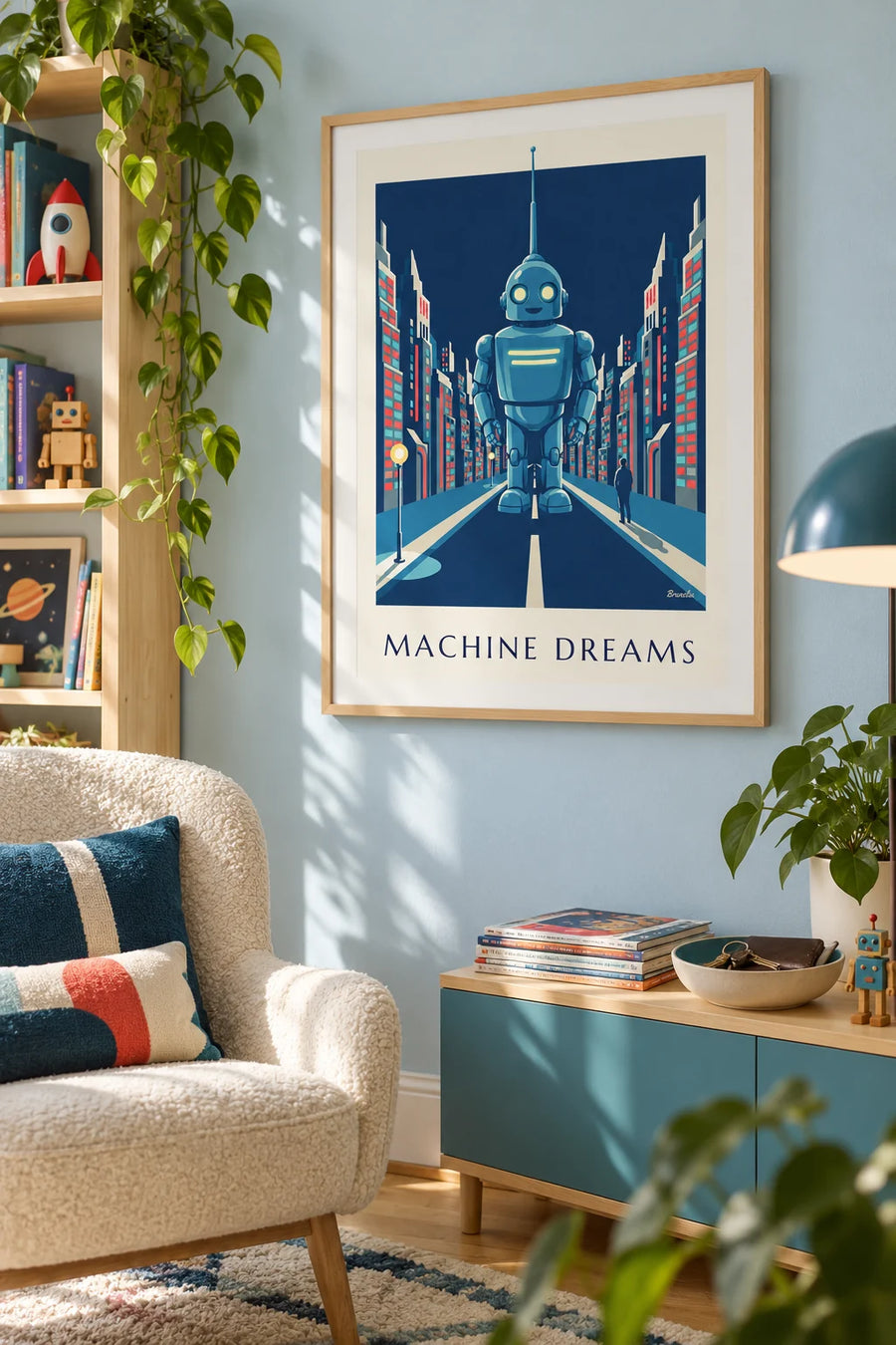 Poster of a futuristic robot with neon lights in a city at night: framed on the wall