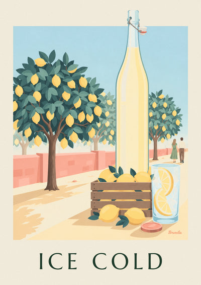 Poster bottiglia di limonata e cassetta di limoni nel frutteto: il poster intero