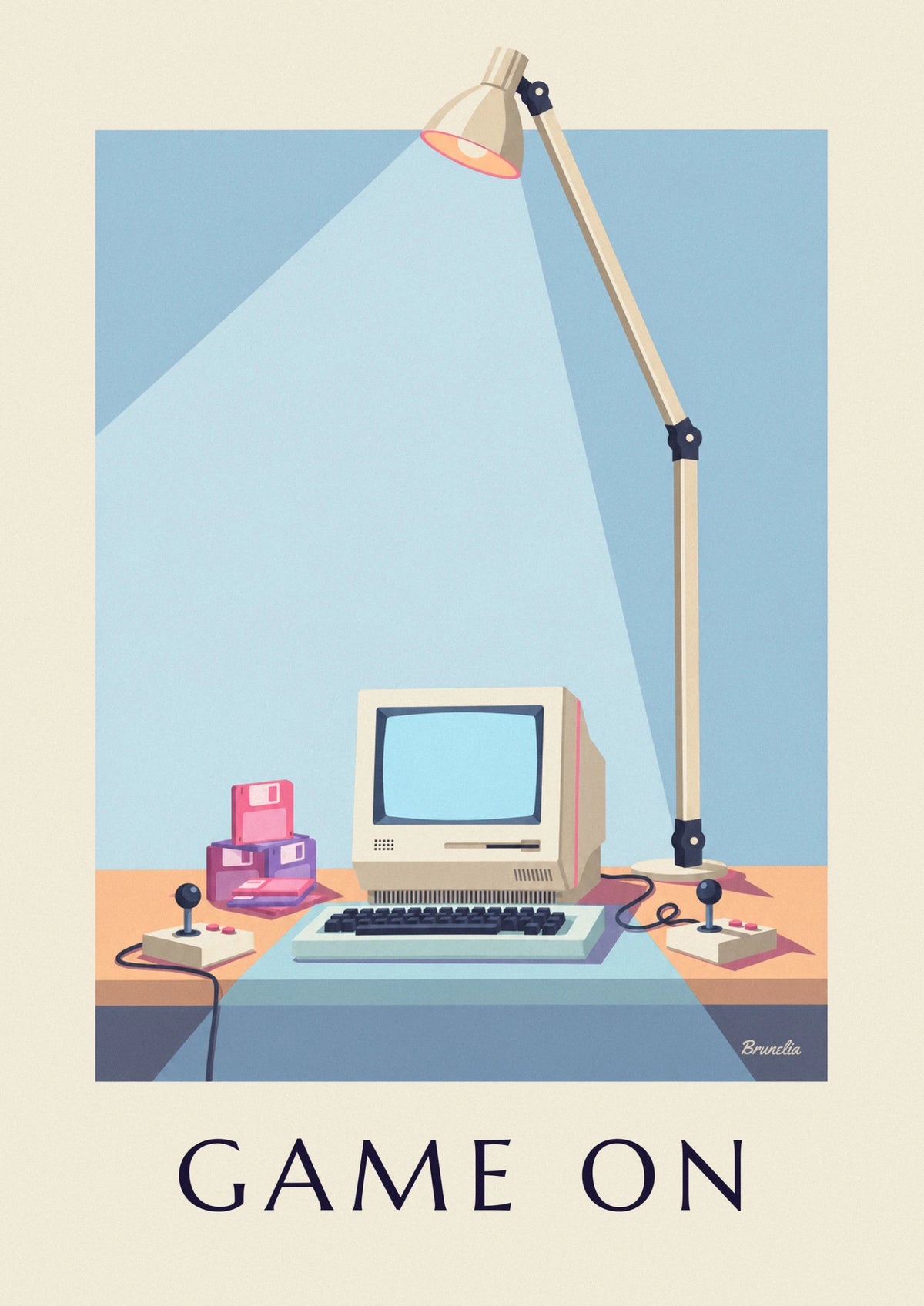Computer, floppy disks and joysticks under neon poster