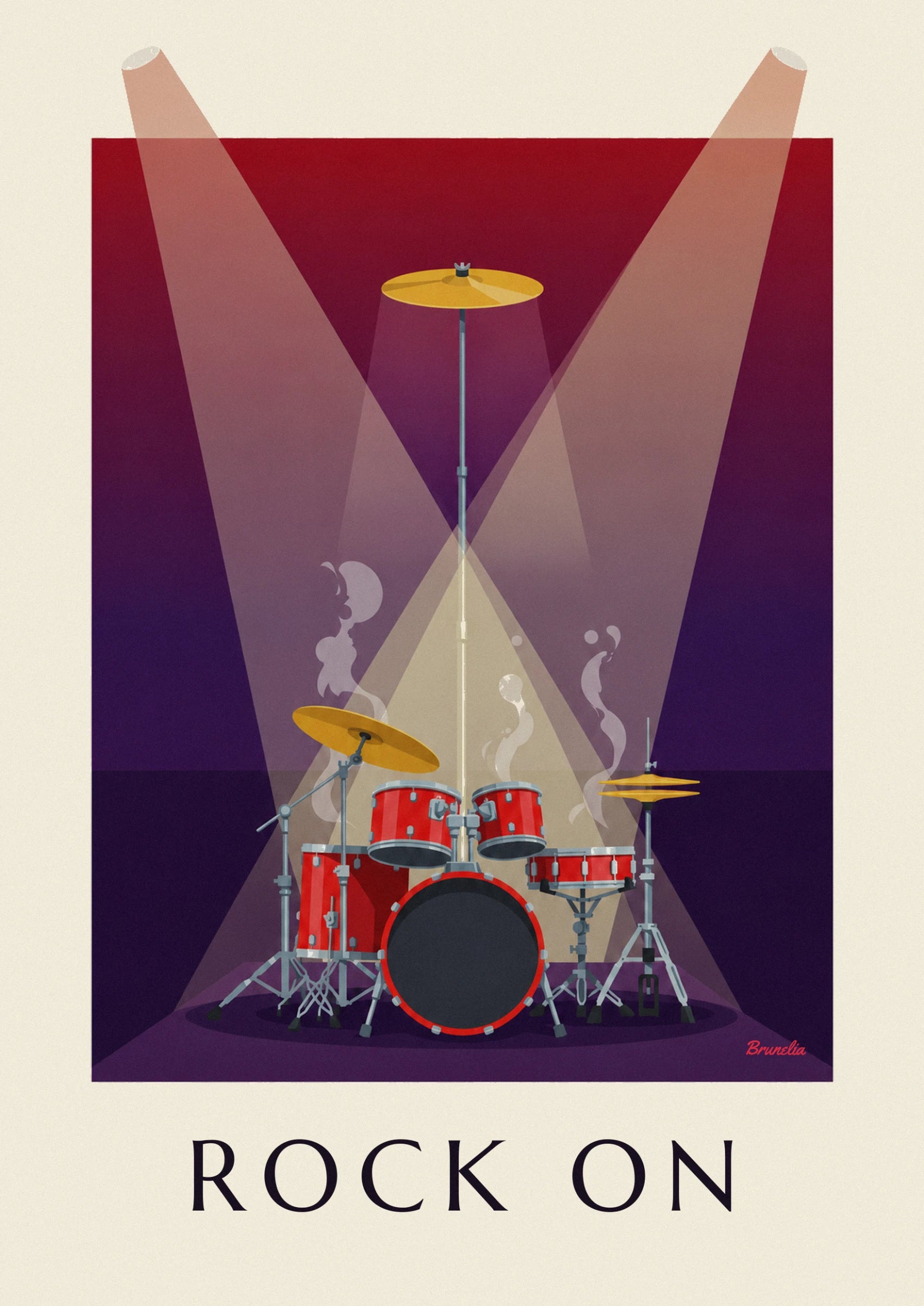The black bass drum with red hoops and the red toms on stage