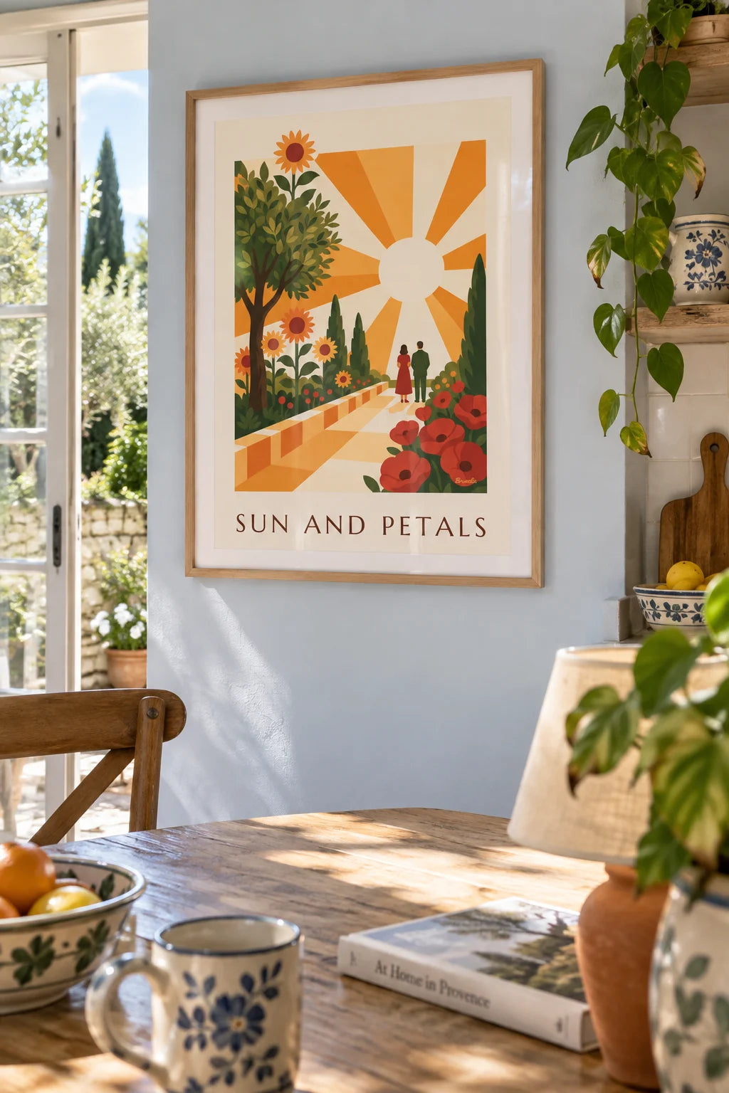Living room: Radiant sun and stylized geometric flowers poster on the wall