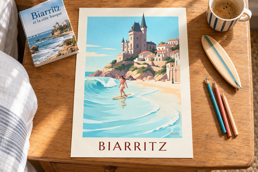Poster surfista in longboard alla Côte des Basques di Biarritz: appoggiato su un tavolo