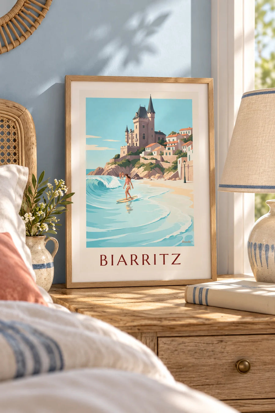 Poster di una longboarder alla Côte des Basques di Biarritz: piccolo formato A4 con cornice