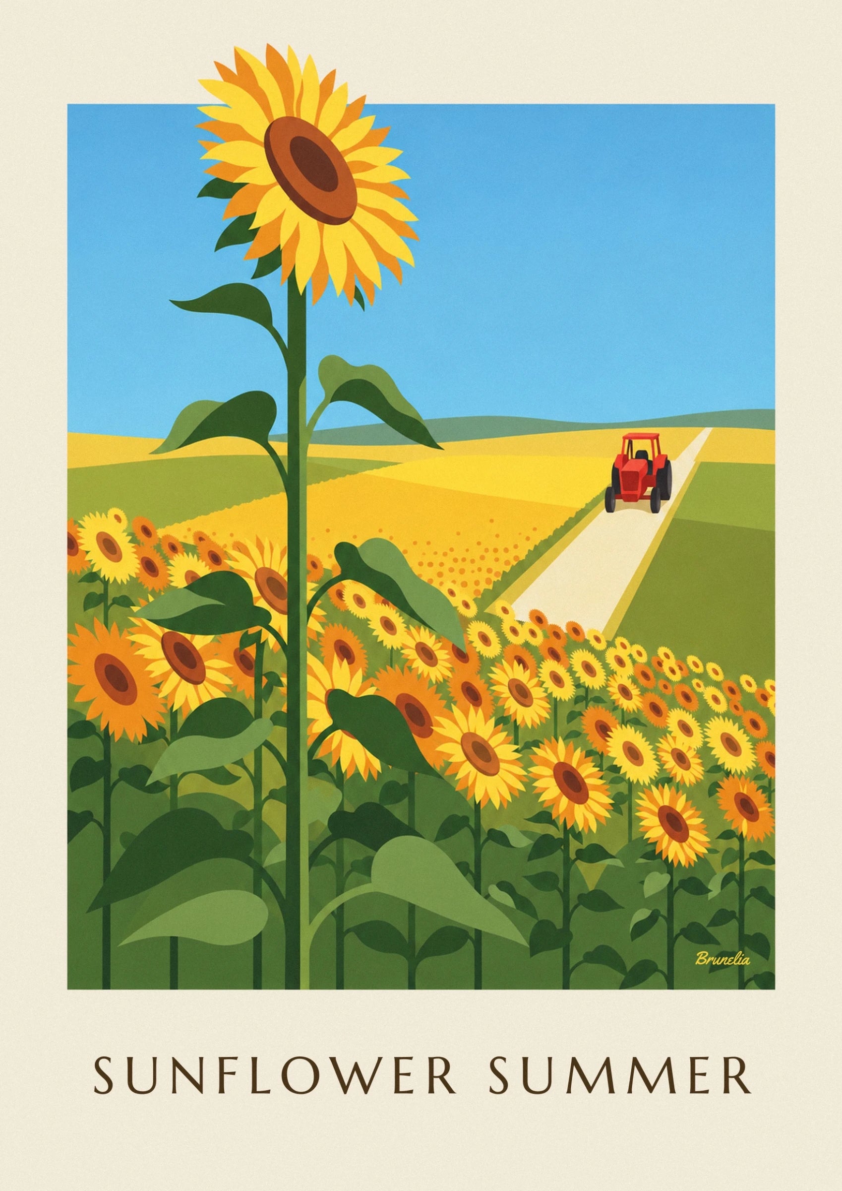 Un girasole con petali gialli e arancioni, il centro marrone e lo stelo verde