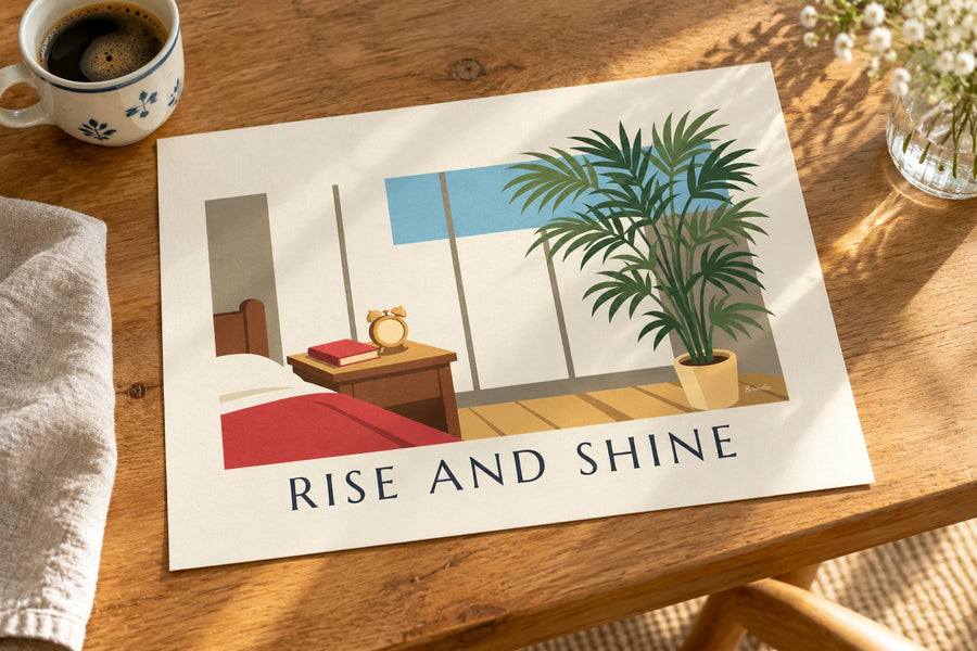Affiche réveil mécanique à cloches au soleil du matin : posée sur une table