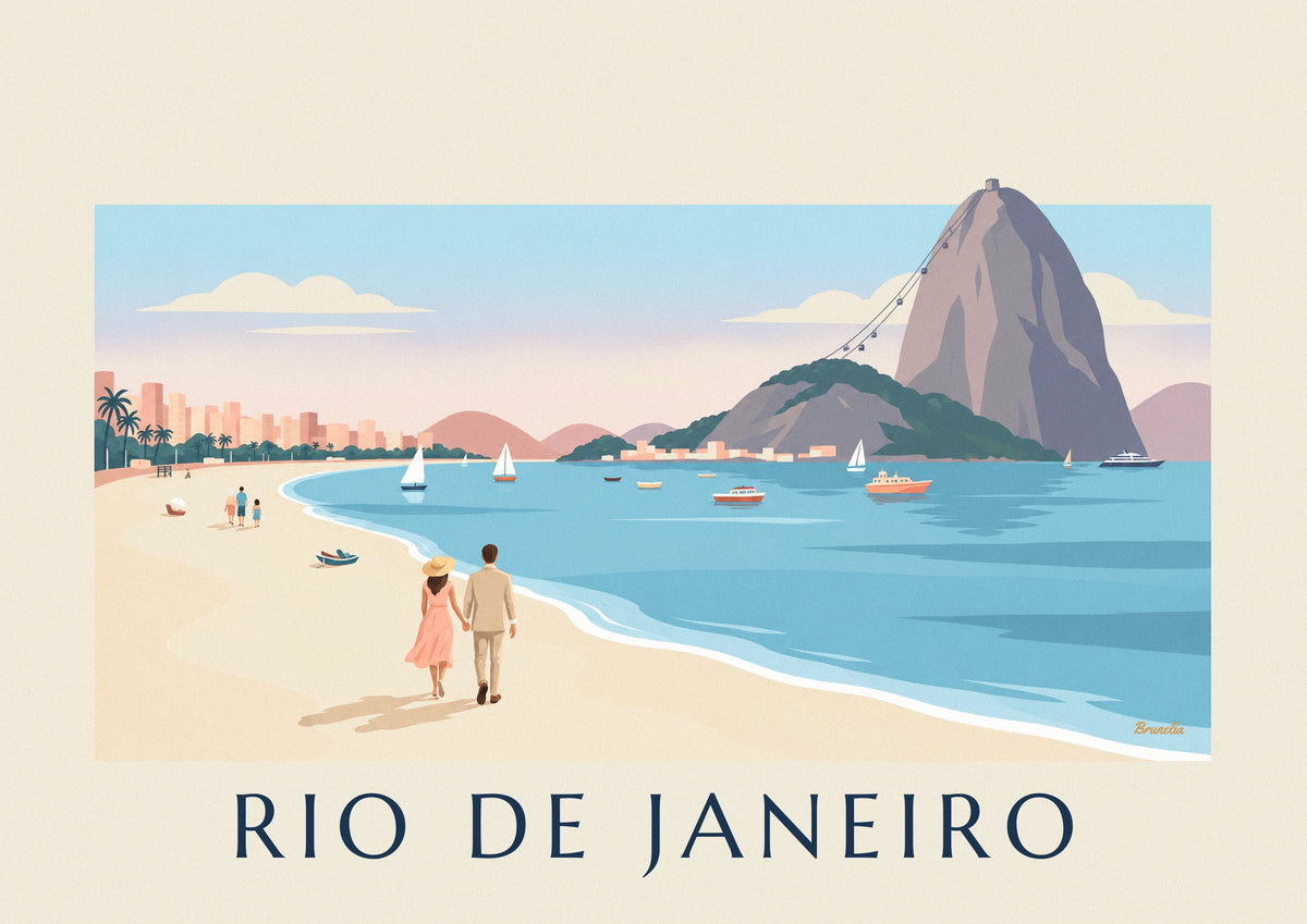 Poster coppia sulla spiaggia di Botafogo davanti al Pan di Zucchero a Rio